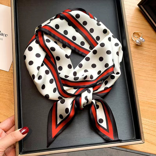 Red-edged satin silk scarf with polka dots, long strip