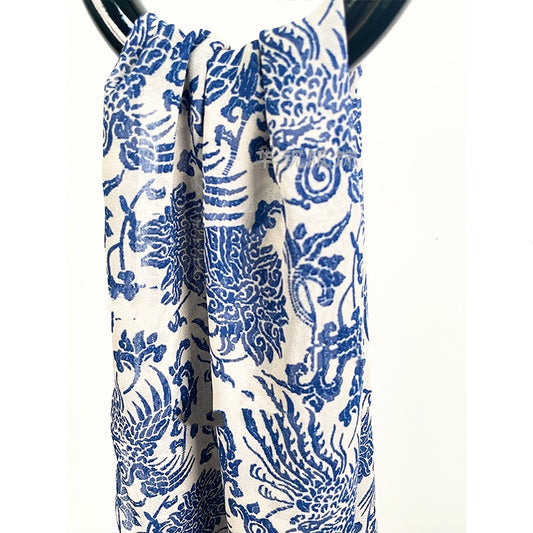 Blue and White Porcelain Pattern Long Silk Scarf Gift (22 x 170 cm)