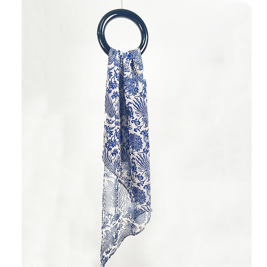 Blue and White Porcelain Pattern Long Silk Scarf Gift (22 x 170 cm)