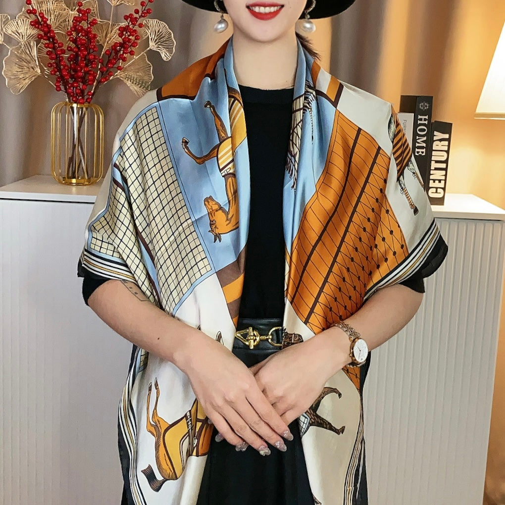 Orange horse-patterned versatile satin square scarf, 110cm