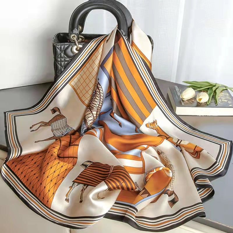 Orange horse-patterned versatile satin square scarf, 110cm