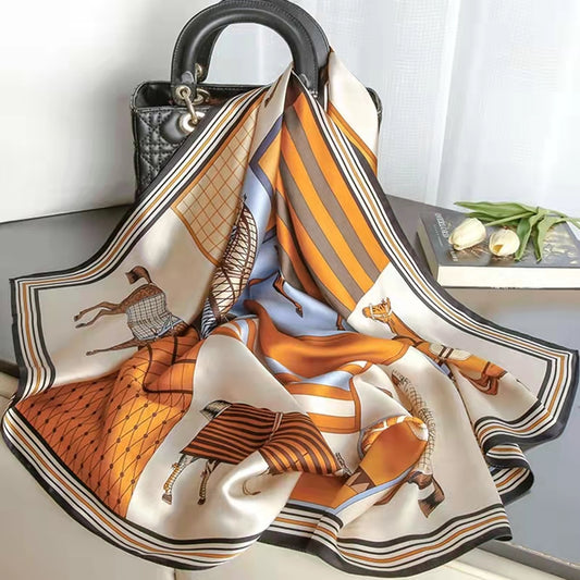 Orange horse-patterned versatile satin square scarf, 110cm