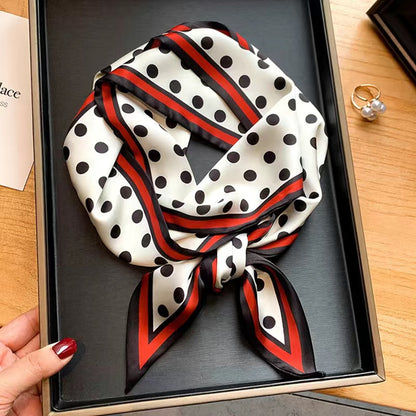 Red-edged satin silk scarf with polka dots, long strip