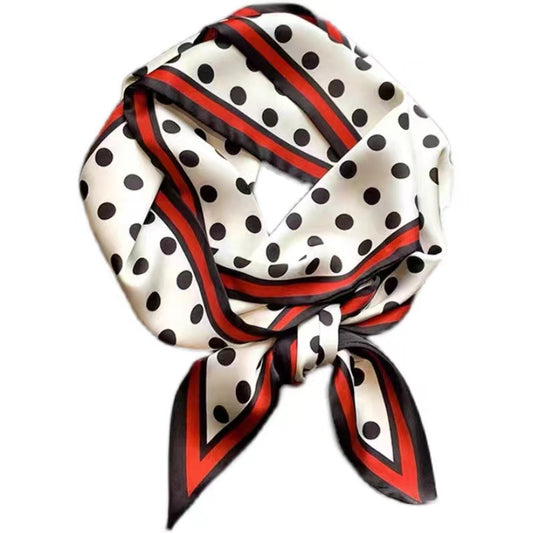 Red-edged satin silk scarf with polka dots, long strip
