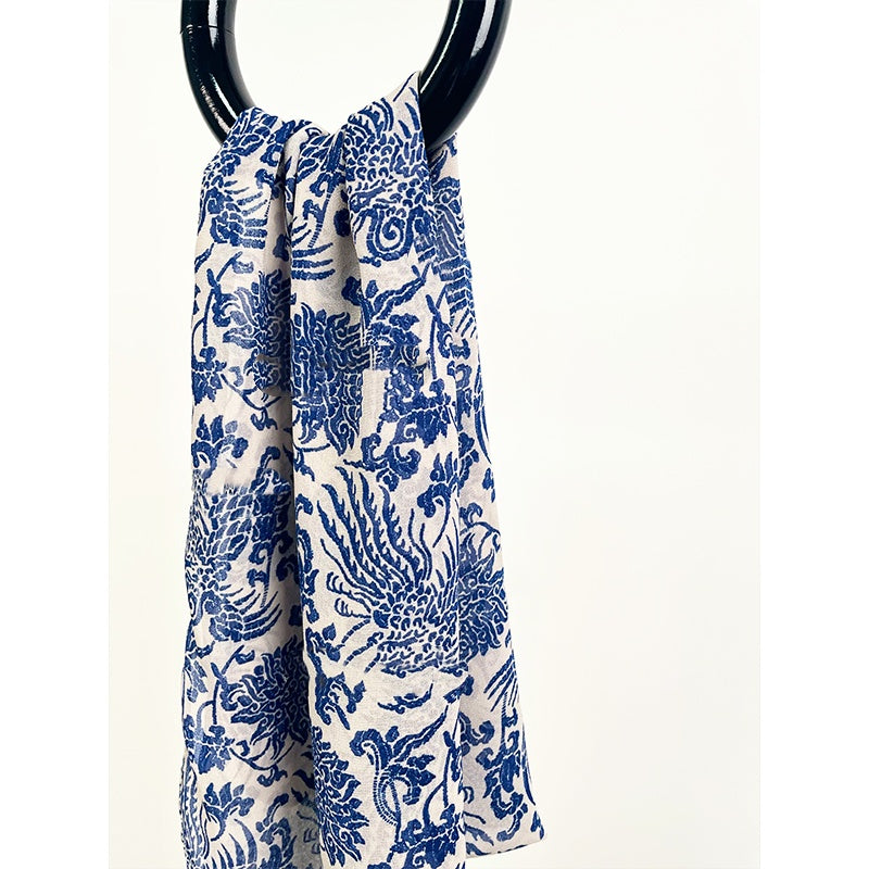 Blue and White Porcelain Pattern Long Silk Scarf Gift (22 x 170 cm)