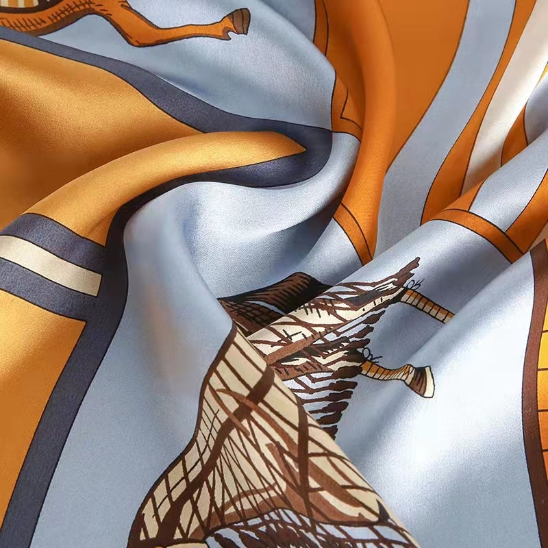 Orange horse-patterned versatile satin square scarf, 110cm