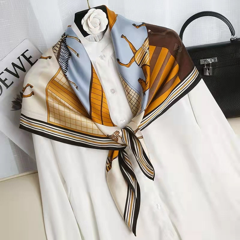 Orange horse-patterned versatile satin square scarf, 110cm
