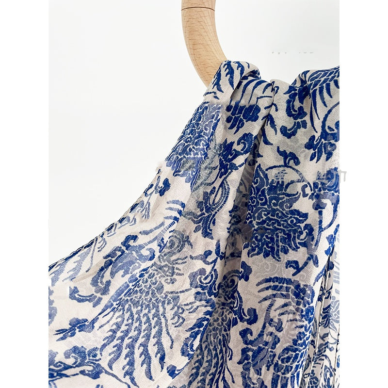 Blue and White Porcelain Pattern Long Silk Scarf Gift (22 x 170 cm)