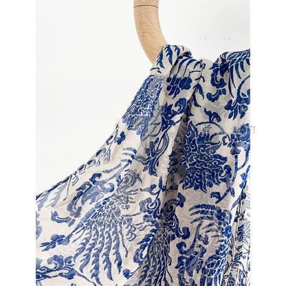 Blue and White Porcelain Pattern Long Silk Scarf Gift (22 x 170 cm)