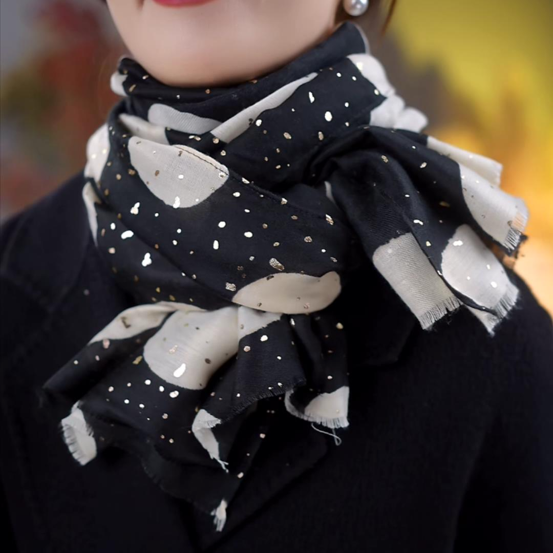 Large satin shawl with gold-stamped large polka dots