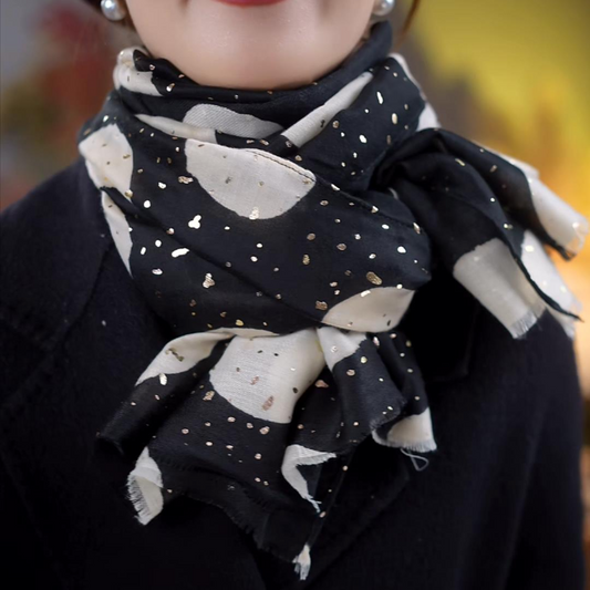 Large satin shawl with gold-stamped large polka dots
