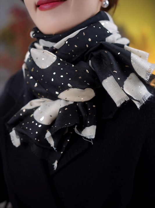 Large satin shawl with gold-stamped large polka dots
